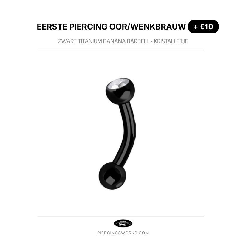 Eerste Piercing Oor/Wenkbrauw — Zwart Titanium Banana Barbell - Kristalletje